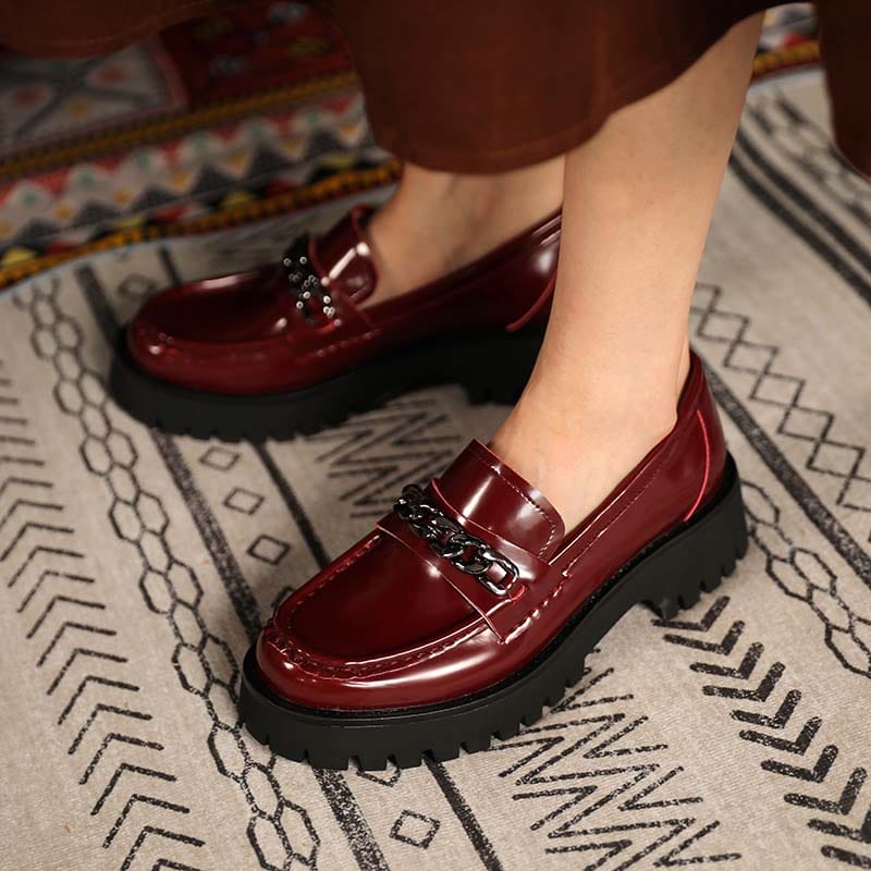 SEPATU WANITA DOCMART LOAFERS / SEPATU RANTAI SILVER GLOSY MAROON PREMIUM MRN 2209