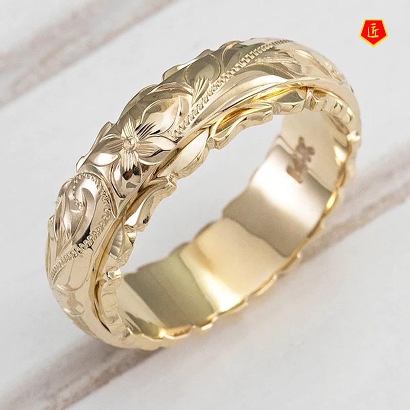 [Ready Stock]Simple 14K Gold Carved Rose Flower Ring