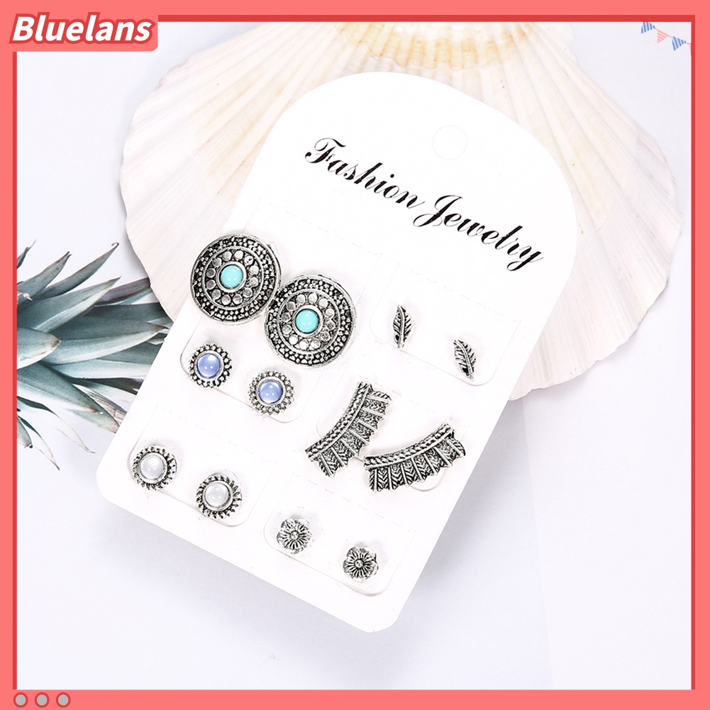 6 Pasang / Set Anting Stud Bentuk Bunga Bulu Bulat Gaya Retro Boho Untuk Wanita