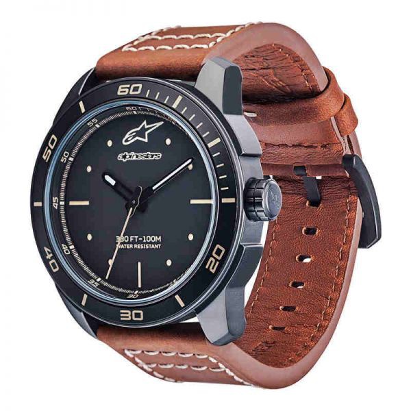 Alpinestars Tech Watch 3H Matt Black Leather Strap Brown / Jam Tangan