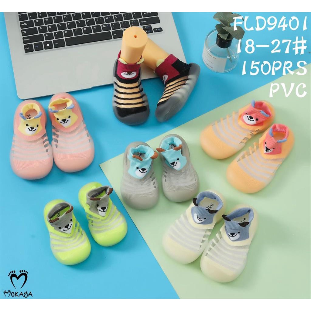 Sepatu Anak Baby / Anak Cewek Cowok Prewalker Jelly Karet Anti Slip Motif Garis Bear Beruang Lucu Import Mokaya / Size 18-27 (FLD9401)