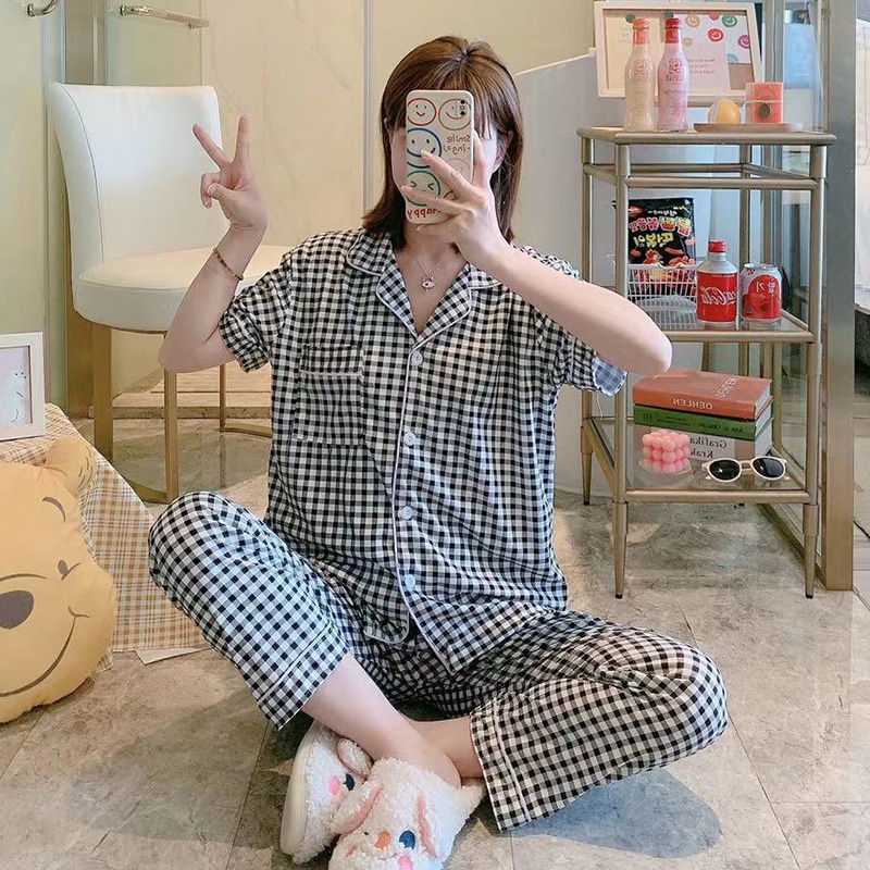 Baju Tidur Wanita Dewasa Piyama Set Kekinian Model Kemeja CP Kotak Series Import-KotakHitamKecil