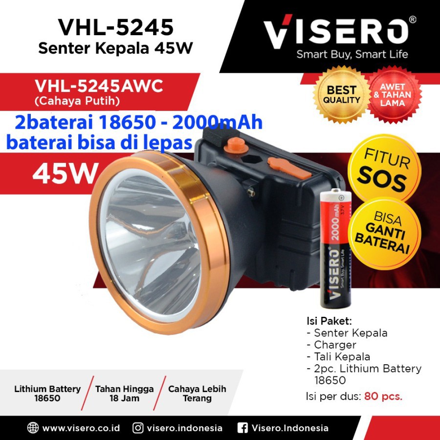 Senter kepala 45w cahaya putih VISERO VHL-5245 45w 2baterai lepas18650