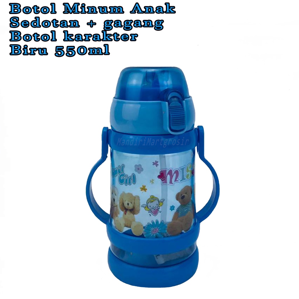 Botol minum berkarakter * Botol minum sedotan dan gagang * Power girl  Biru * 550ml