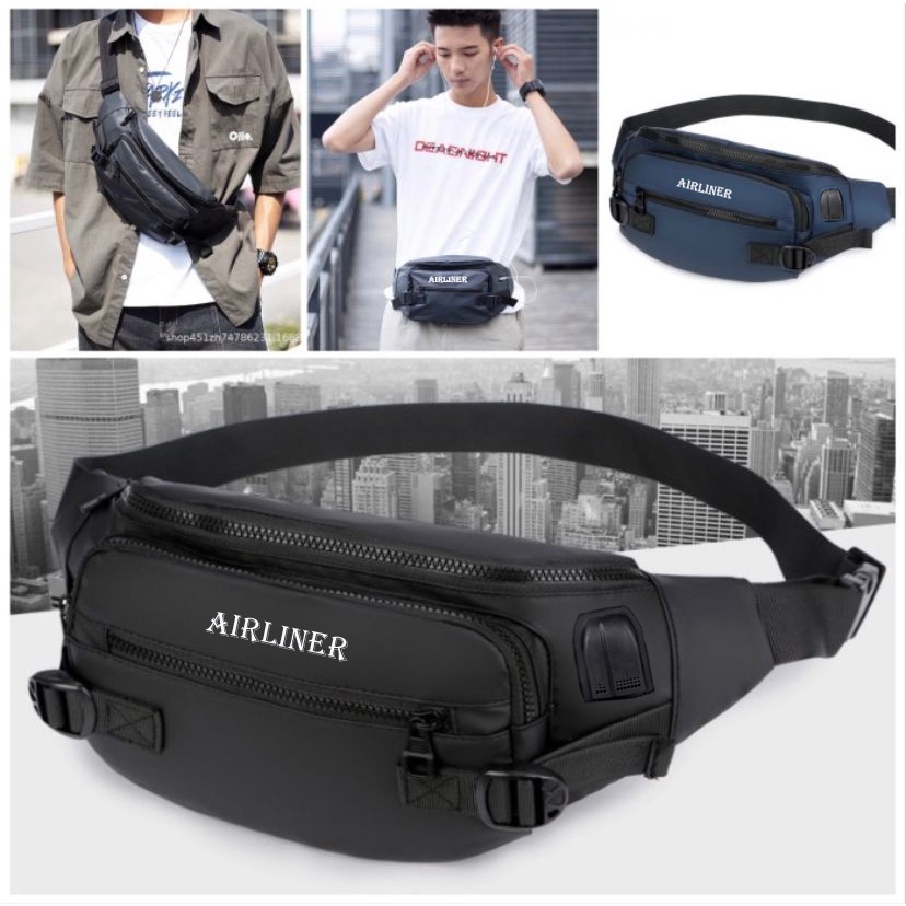 Tas Pinggang Pria Waistbag Import Waterproof Dual USB Portable Tas Sepeda Pria Tas Slempang Dada