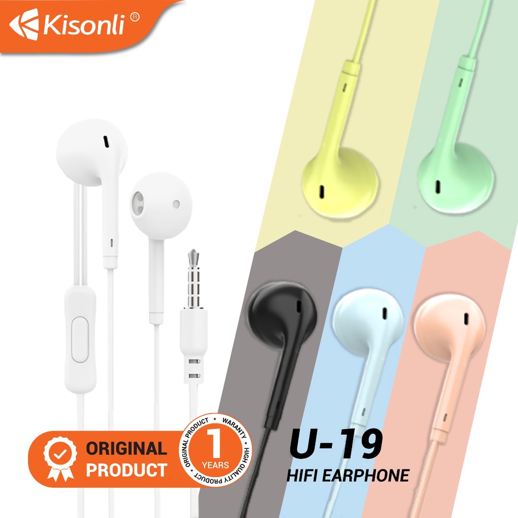 KISONLI - Headset Macaron U19, Mate colour Hifi Extra Bass, Earphone wired U19