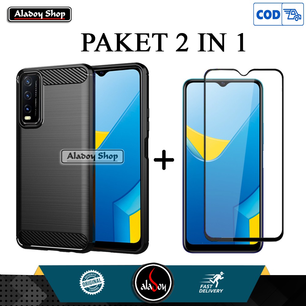 Case VIVI Y20i New Soft Case Carbon Premium Casing + Tempered Glass Full Layar