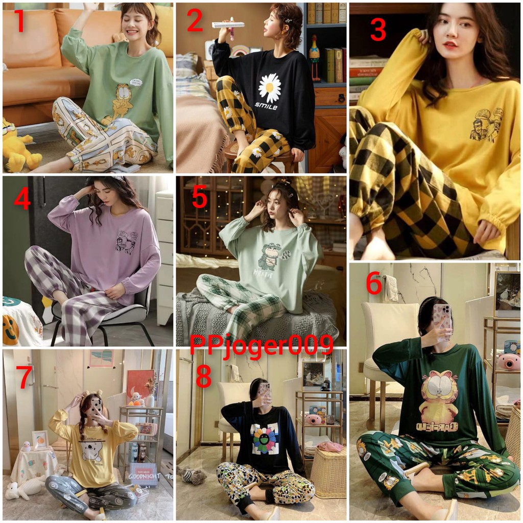 Baju tidur piyama lengan panjang celana panjang bahan spandek  PPjoger01