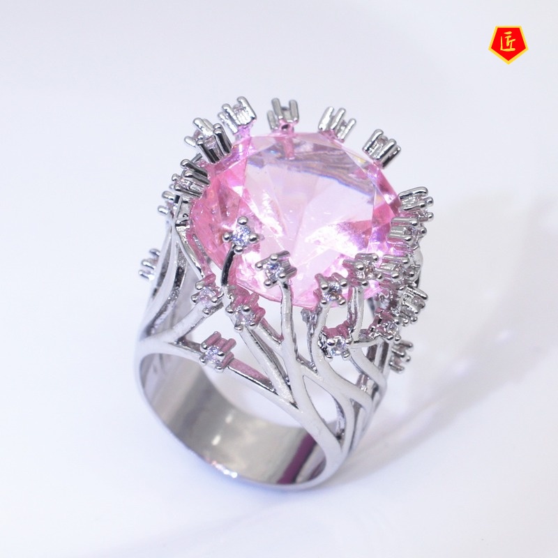 [Ready Stock]Inlaid Pink Crystal Ring Female Sweet Creative Exaggerating Branch Shape