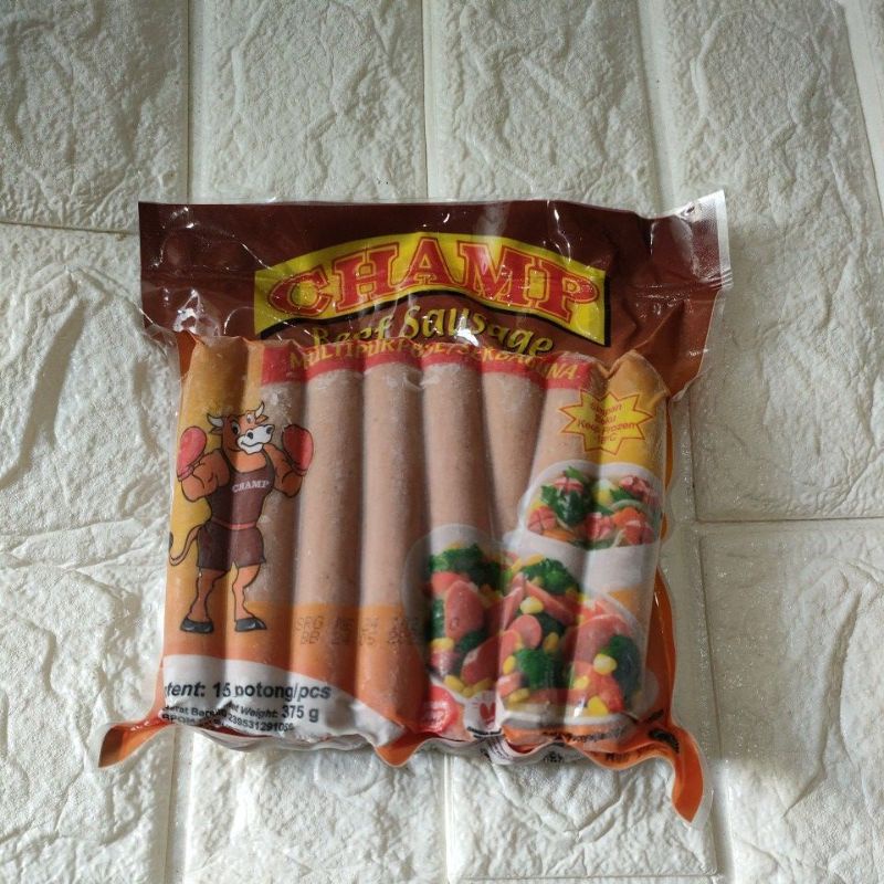 

CHAMP SOSIS SAPI 375g isi 15 pcs/CHAMP BEEF SAUSAGE 375g