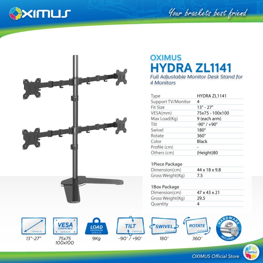 OXIMUS Hydra ZL1141 Desk Stand 4 Monitor | Bracket Meja LCD LED TV