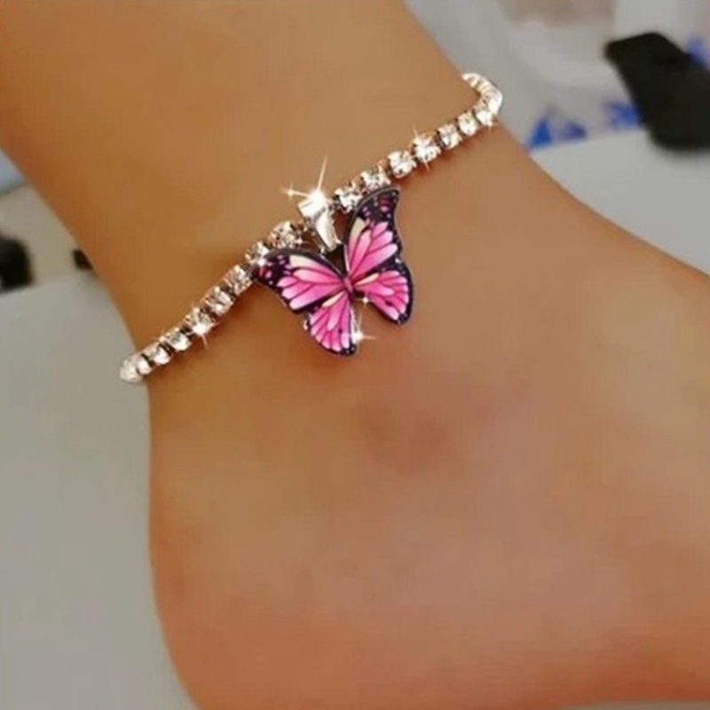 Gelang Kaki Rantai Wanita Dengan Liontin Kupu-Kupu Hias Kristal Untuk Pesta / Pantai / Musim Panas
