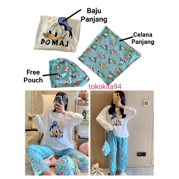 Piyama Korea Import Wanita Lengan Panjang Free Pouch 1 Set - Piyama Import - Pakaian Tidur Wanita