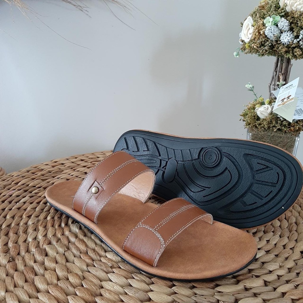 SANDAL PRIA SLIDE KULIT ASLI WARNA HITAM COKLAT TAN