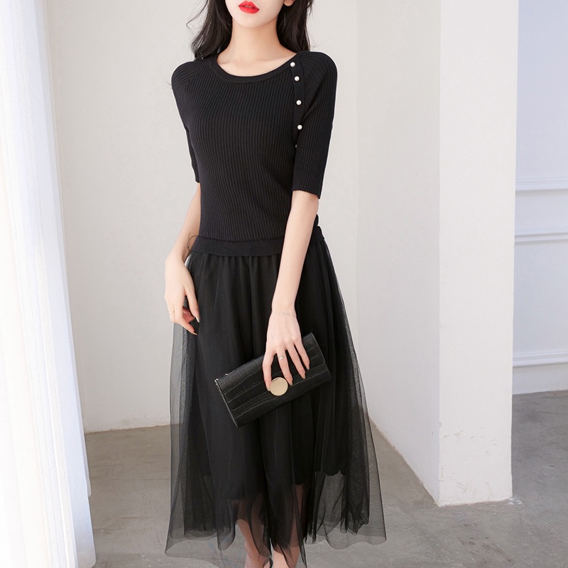 【Elegant】 Korean Solid Hem stitching Gauze Premium Knit Dress  7367