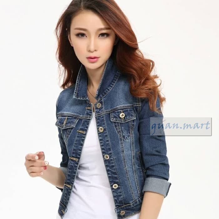 Jaket Wanita Korea Import Cwe Distro Jumbo Cewek Jins UO554 Jaket Levis Wanita Biru Dongker Jeans