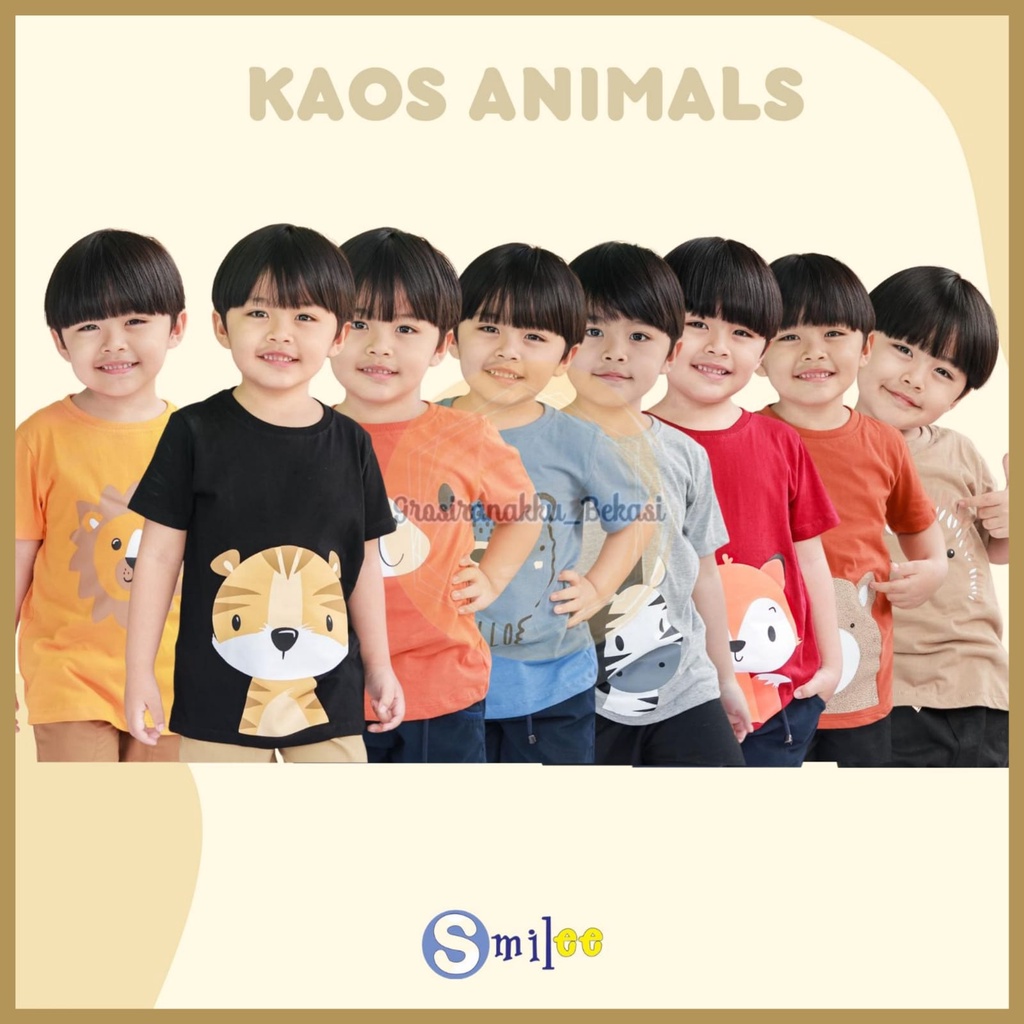 Kaos Anak Cowok Smile Murah Animals Mix Motif Size 1-5Tahun