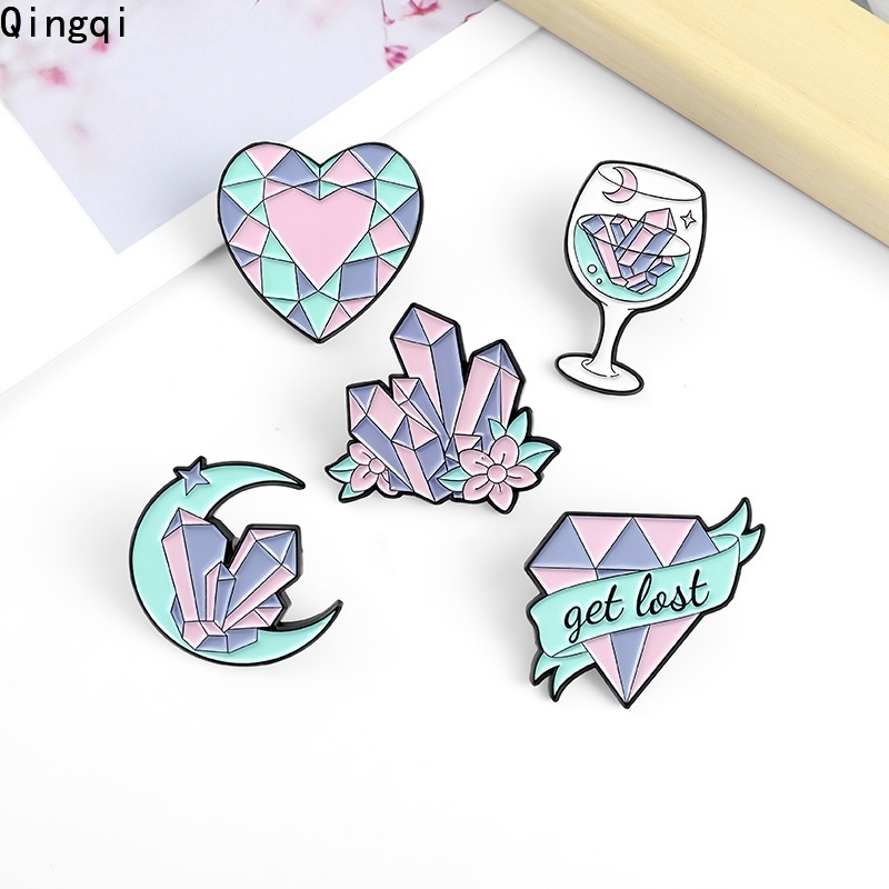 Bros Pin Kristal Bentuk Bulan Hati Goblet Warna Pink Untuk Hadiah