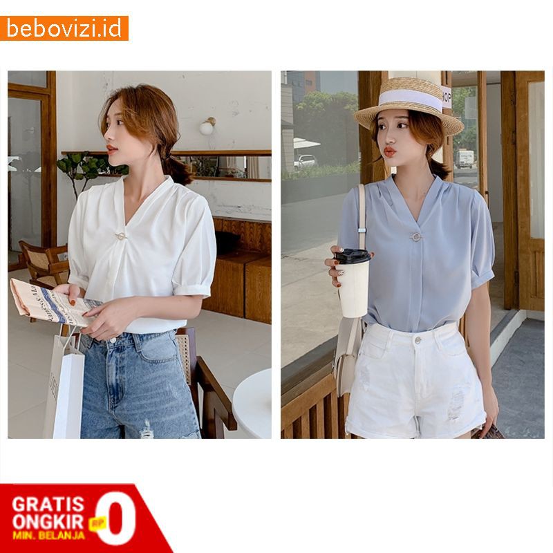Blouse Model V-Neck Lengan Lentera Warna Polos Bahan Sifon Untuk Wanita