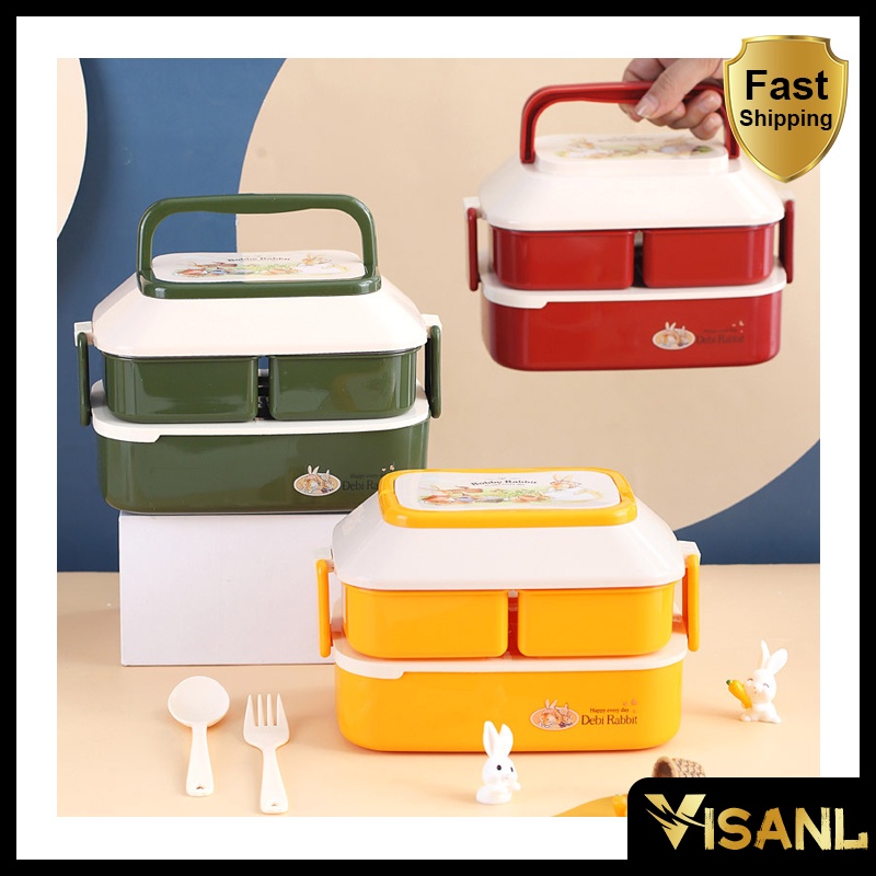 2 Layer Kotak Makan Anak Cute Lunch Box Free Cutlery Set Jerami Gandum Kotak Bekal Maka BPA Free