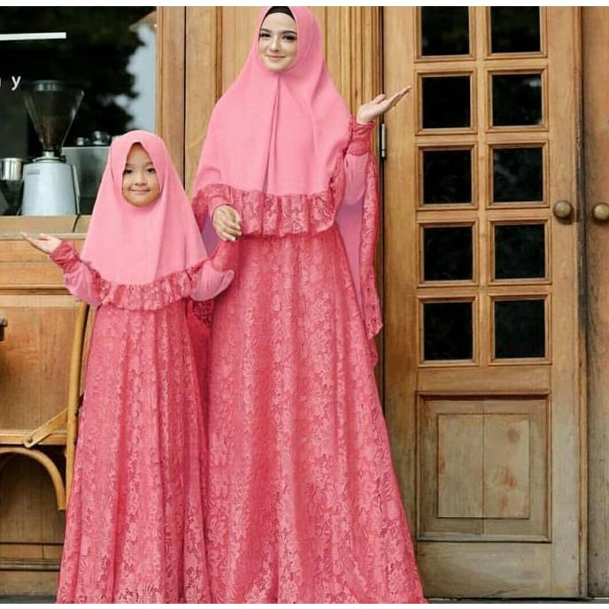 COUPLE GAMIS IBU ANAK 8-11 TAHUN BRUKAT MAURA ( BENHUR MARUN PINK)