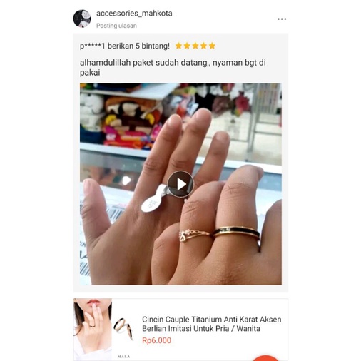 Cincin Cauple Titanium Anti Karat Aksen Berlian Imitasi Untuk Pria / Wanita