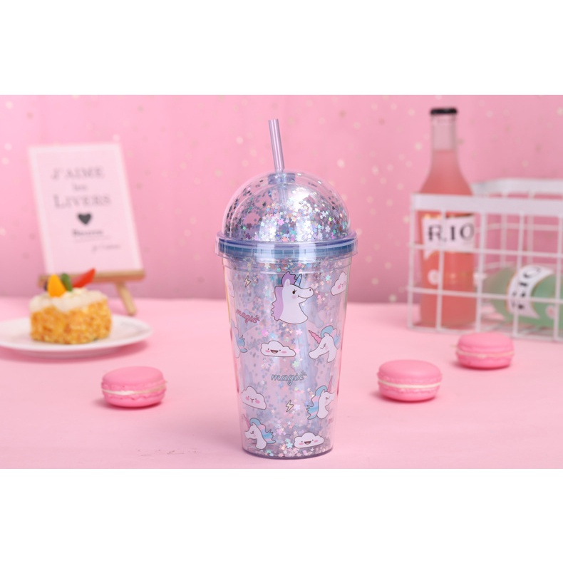 Glitter Tumbler Cups Blink Gelas Botol Minum Air Sedotan 450ml Botol Minum Cantik - Worldhome