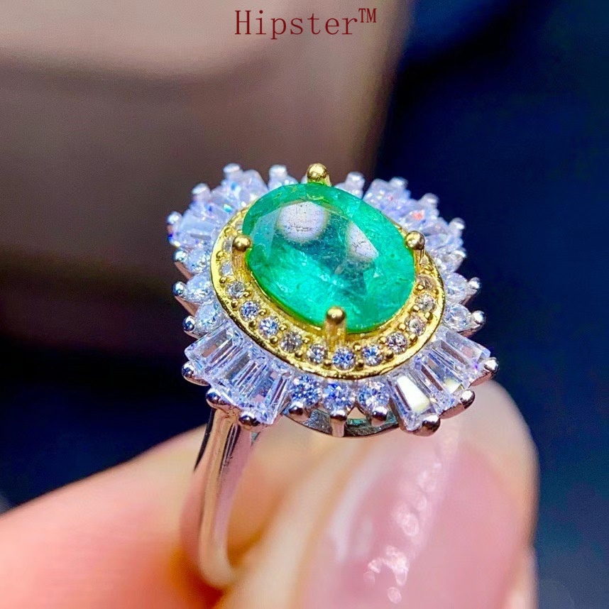 Hot Sale Natural Emerald Luxury Full Diamond Colored Gems Adjustable Ring