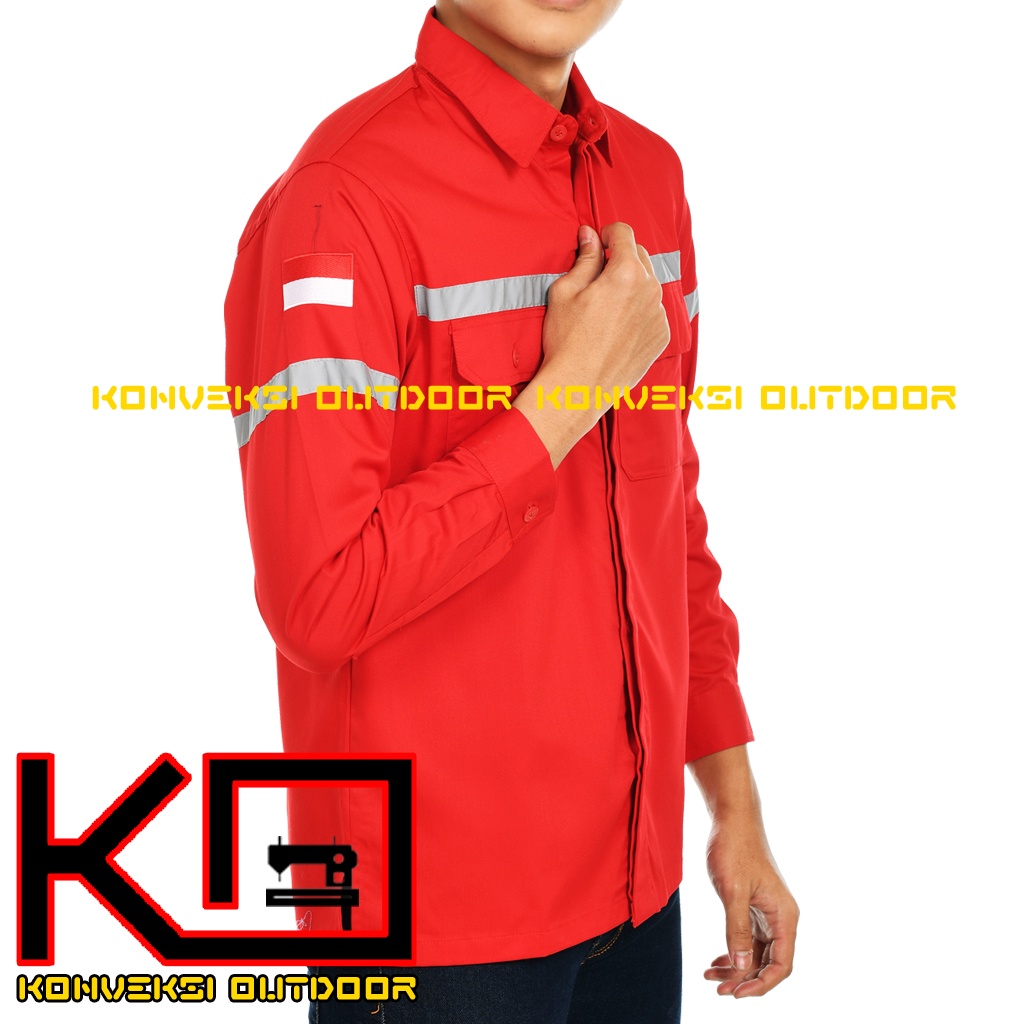 Kemeja Safety Pria Lengan Panjang - Baju Kemeja Kerja Proyek Wearpack Safety K3 Lapangan Outdoor Scotlite Indonesia Tebal Tambang Listrik Mekanik Teknisi Mesin Bangunan Werpack Driver Operator PLN Intalasi Listrik Enginer Teknik Sipil Kilang Warna Merah