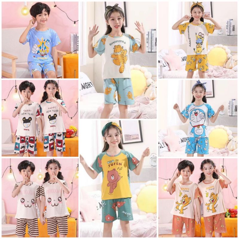 Setelan Baju Anak Couple Import 2-10Thn  Piyama Anak Murah Lengan Pendek