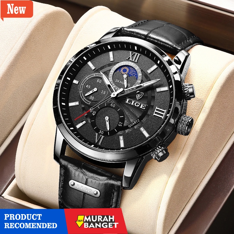 Jam tangan analog pria terbaik- LIGE 2022 terbaru original jam tangan pria tali kulit anti air olahraga kronograf jam tangan + kotak