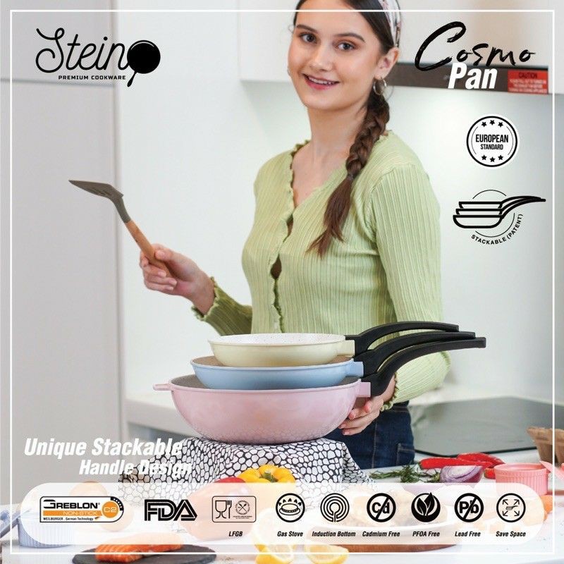 Stein Cookware Steincookware Cosmo Pan Stackable Handle Floating Pan Wok Pan Fry Pan Panci Set Isi 3
