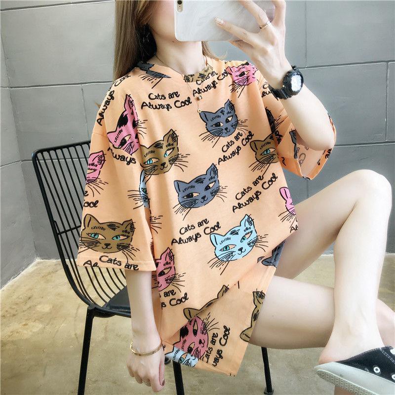 Oversize Tee Tshirt Model Longgar Untuk Wanita Motif Meow