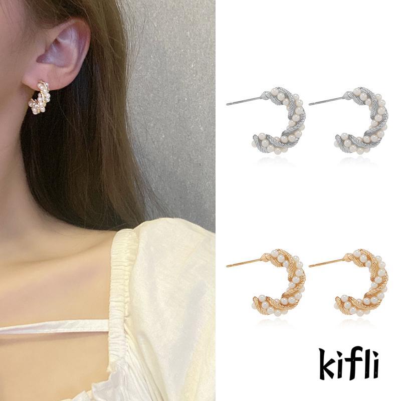 Perhiasan Anting ,Bentuk C Spiral ,Aksen Mutiara