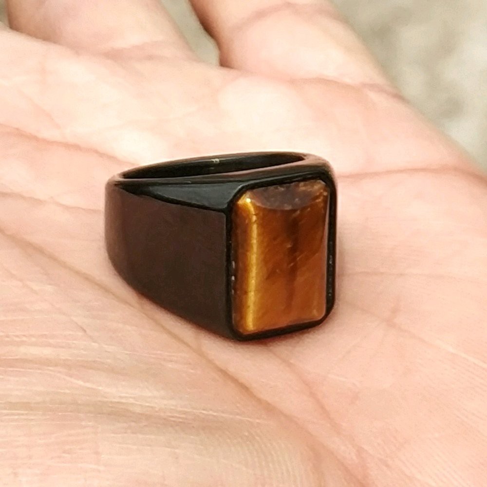 CINCIN BATU AKIK NATURAL BIDURI SEPAH AKA TIGER EYE MINIMALIS TITANIUM HITAM OCTAGON