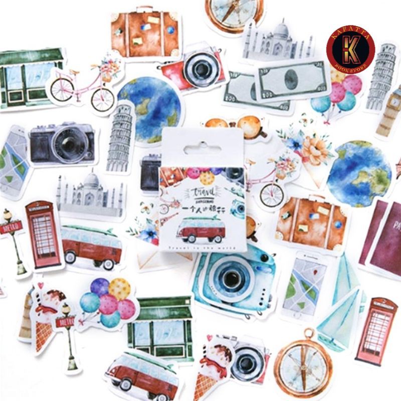 

Sticker untuk laptop hp buku motor tema travel 45pcs/kotak