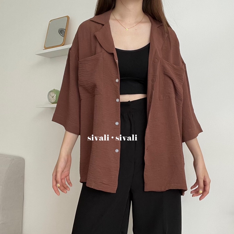 SIVALI Saff Top | Kemeja Loose Crinkle Double Pocket - Oversized Loose Shirt - Atasan Wanita