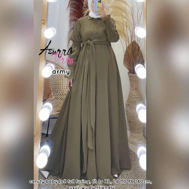 SHOPEE MALL Azurra Dress / Gamis Ceruty Full Puring Terbaru 2021 / Dress Muslim Polos Termurah / Bus
