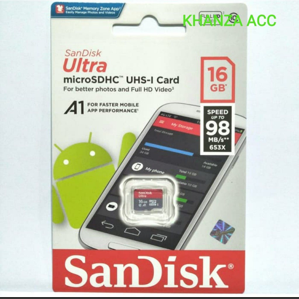 KHANZAACC Memory Card SanDisk Ultra MicroSD 16GB A1 98MB/s