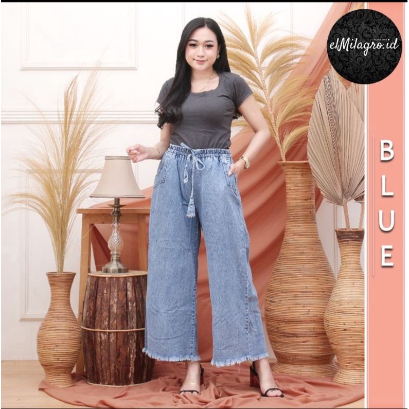 Kulot Rawis Jeans Pinggang Karet Snow Blue Celana Jeans Kulot Wanita Kekinian Size M L XL XXL Muat bb 75kg