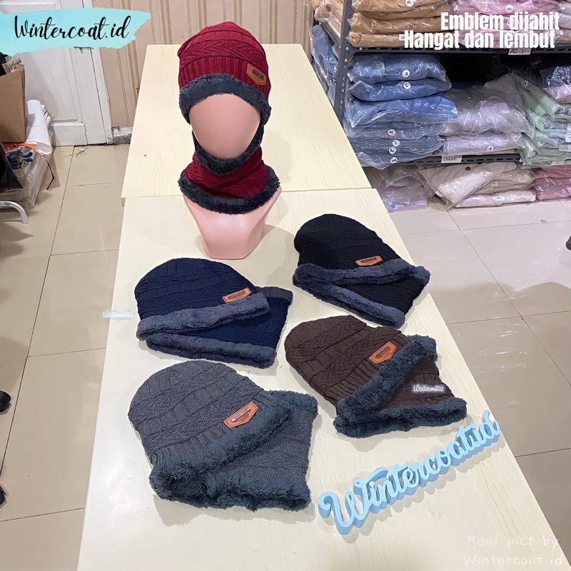 Beanie Hat + Neck warmer 1 set topi kupluk dan penghangat leher winter topi musim dingin hangat pria