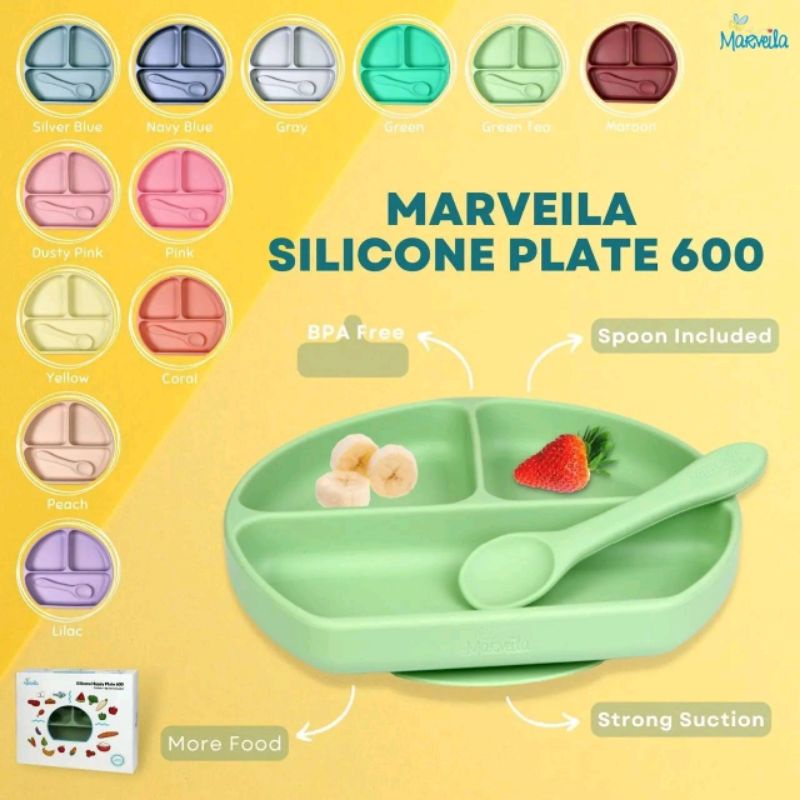 Marveila Silicone Happy Plate 600 with Divider + Spoon included