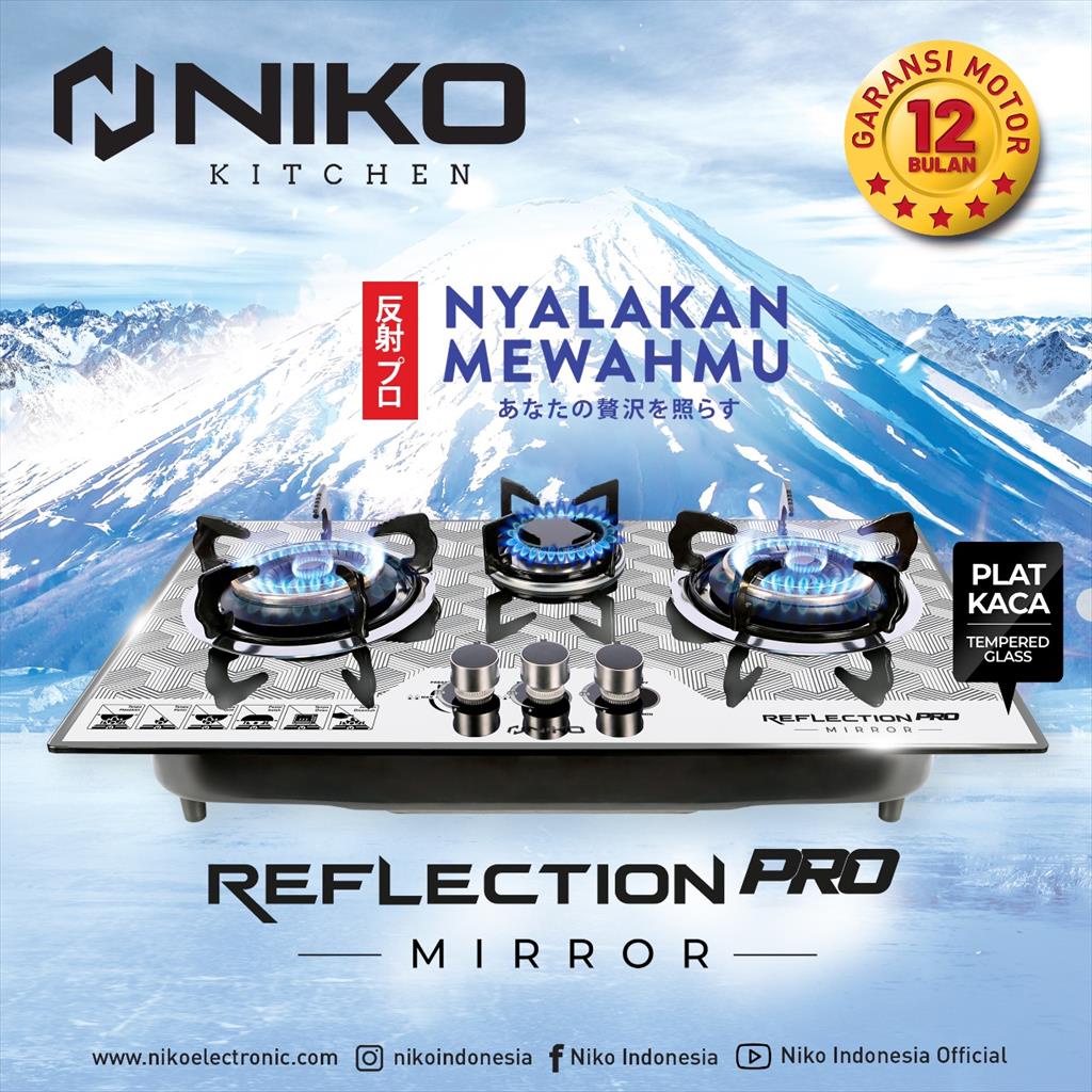 NIKO Kompor Tanam Kaca GAS LPG 3 Tungku REFLECTION PRO MIRROR