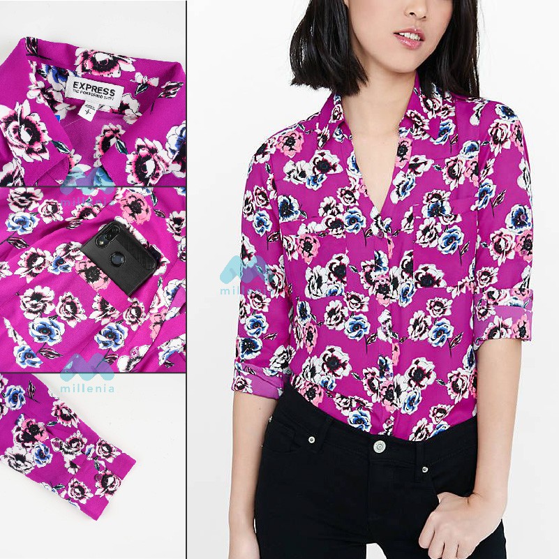 Kemeja Wanita- Portofino Vneck Double Pocket [CG-EXS 06]-CG-EXS 06 PURPLE FLO