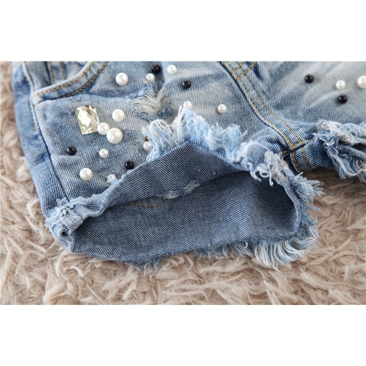 Untuk 1-12Tahun Jeans Celana Anak Perempuan Pearl Dekoratif Fringe Cewek Jins Celana Pendek Denim Berongga