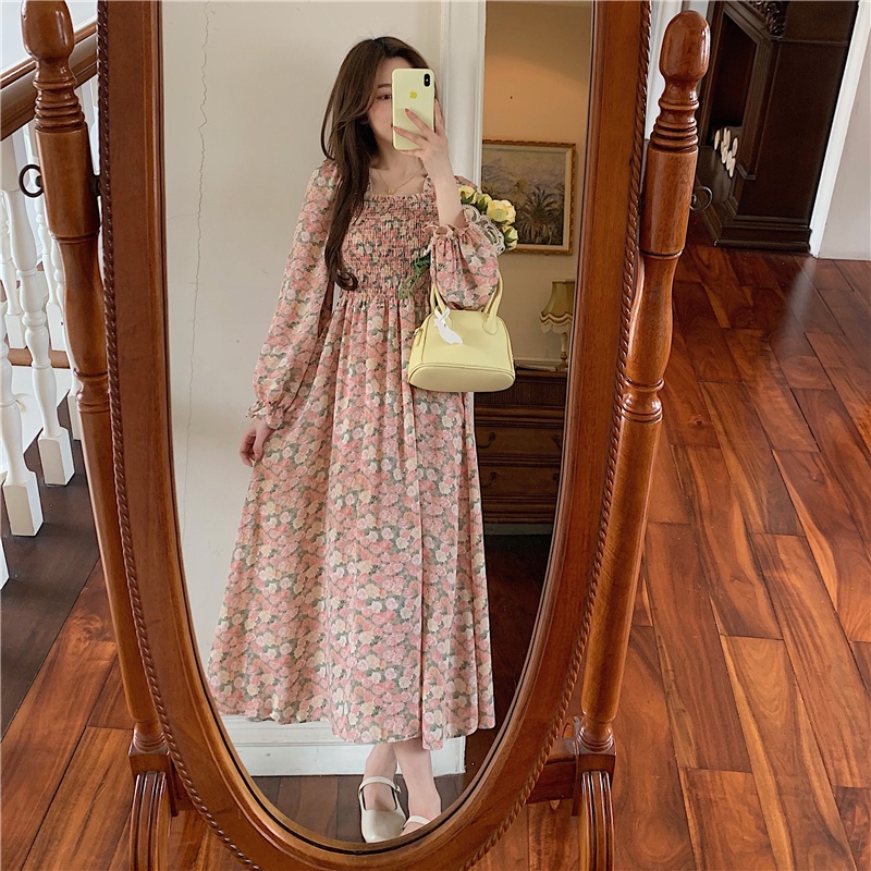 AIMEI Vintage French Square Neck Chiffon High Waist Mid-length Dress-7