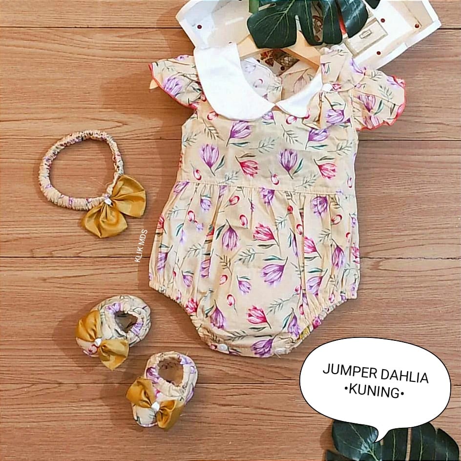 Jumper Bayi Perempuan  0-9 Bulan / Baju Anak Cewek Motif Dahlia Free Sepatu Dan Headband