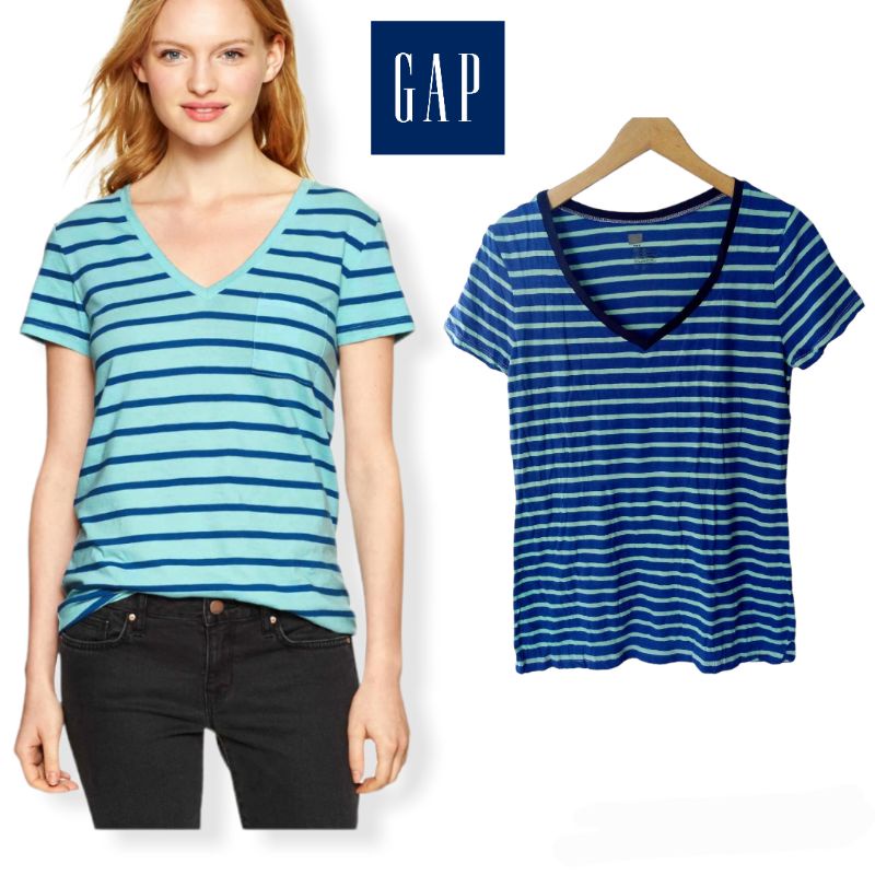 GAP Stripe V Neck Tee/Kaos Santai Garis Garis Branded Original/Atasan Rumahan Wanita