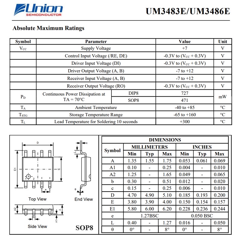 IC SMD UM3483 UM 3483 SOP8 TRUE RS-485 TRANSCEIVERS INTEGRATED CIRCUIT