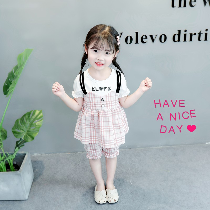 Baju Setelan anak Perempuan cewek lengan pendek 2IN1 Katun IMPORT Korean Style Umur 1-5tahun-1